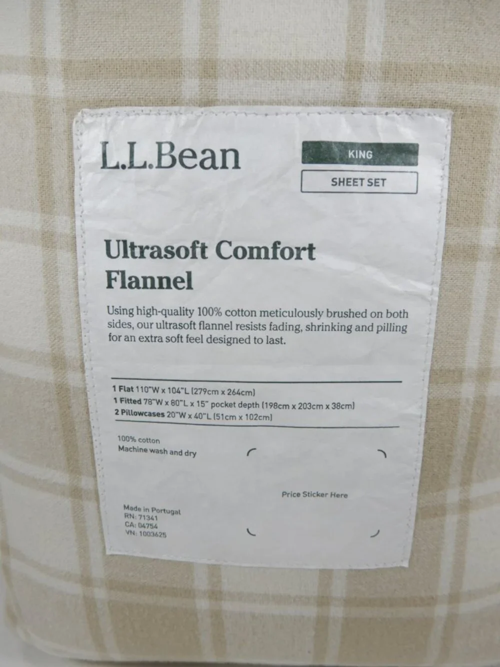 L.L. Bean Ultrasoft Comfort Flannel KING Sheet Set in Driftwood/Bone Plaid NEW